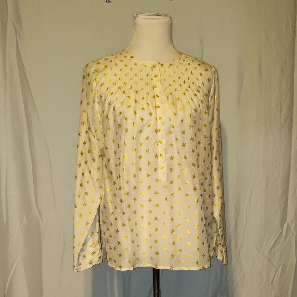 J crew Gold Star Patterned Shear Long Sleeve Silk Blend Blouse Size 10